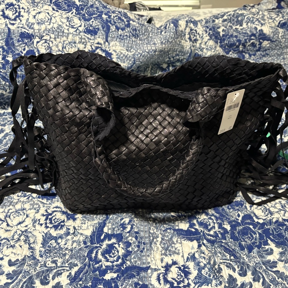 Anthropologie leather black fringe bag